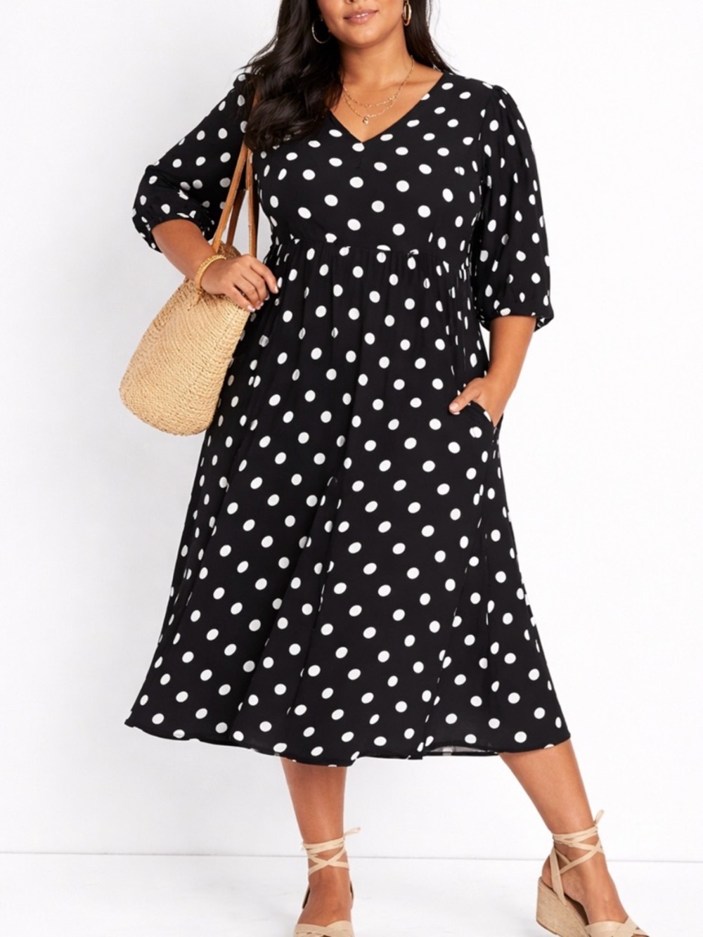 Ava & Viv Black and White Polka Dot V-Neck Midi Dress